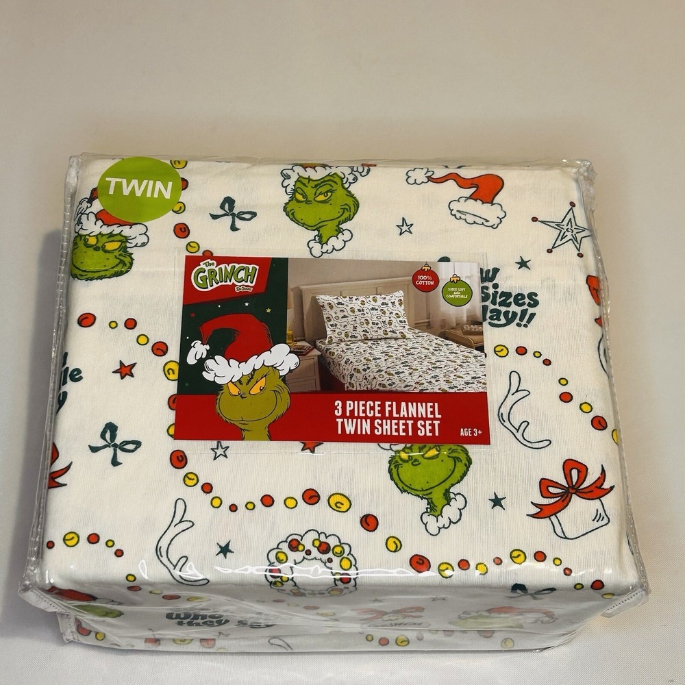 The Grinch Dr Seuss Twin Flannel 3 Piece Sheet Set Holiday Bedding New
